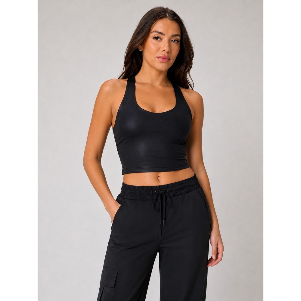 Fabletics Anywhere Shine Built-In‎ Bra Tank Womens Large Black Shine TK2357058